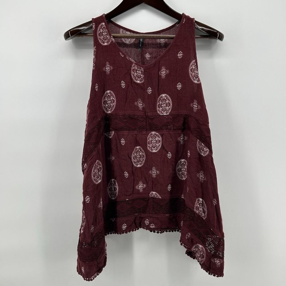 Massini Tank Top Womens Large Maroon Boho Print Crochet Lace Tunic Cottagecore